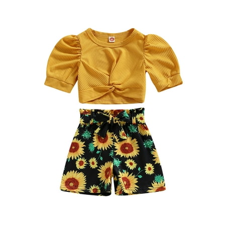 

Bagilaanoe 2pcs Toddler Baby Boy Girl Short Pants Set Half Puff Sleeve Crop Tops + Sunflower Shorts with Waist Belt 12M 18M 24M 3T 4T 5T Kids Casual Summer Outfits