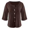 thumbnail image 3 of ManxiVoo Chemise Décontractée pour Femme à Boutons, Col Rond, Coton et Lin, Haut à Manches Longues, Élégant Minimaliste, Tenue de Bureau, Taille P, Brun, 3 of 5