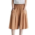 thumbnail image 3 of Women's Soft Fabric Mid Elastic Waist Capris with Pockets, Straight Leg Cropped Pants, Casual Comfortable Summer Beach Workout Pants | VerBelle,Khaki L, 3 of 7
