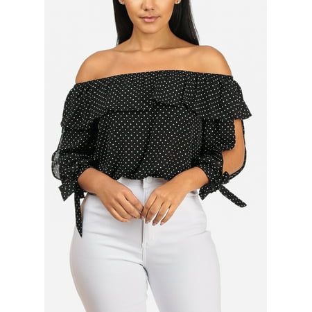 2019 polka dot off the shoulder ruffled blouse