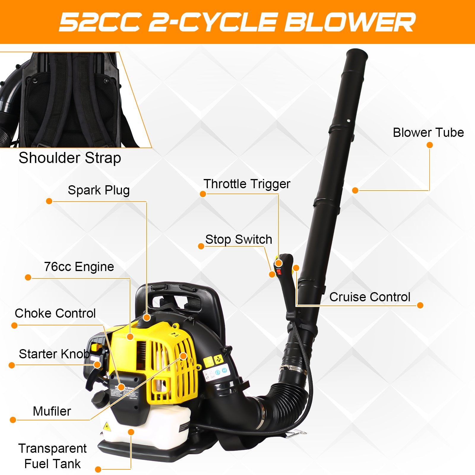 BEIMIMU 52CC Gas Backpack Leaf Blower with 2 Stroke Engine, High-Velocity 530CFM, Ergonomic&Low-Vibration, Cruise Control, Ideal for Year-Round Yard Maintenance Yellow