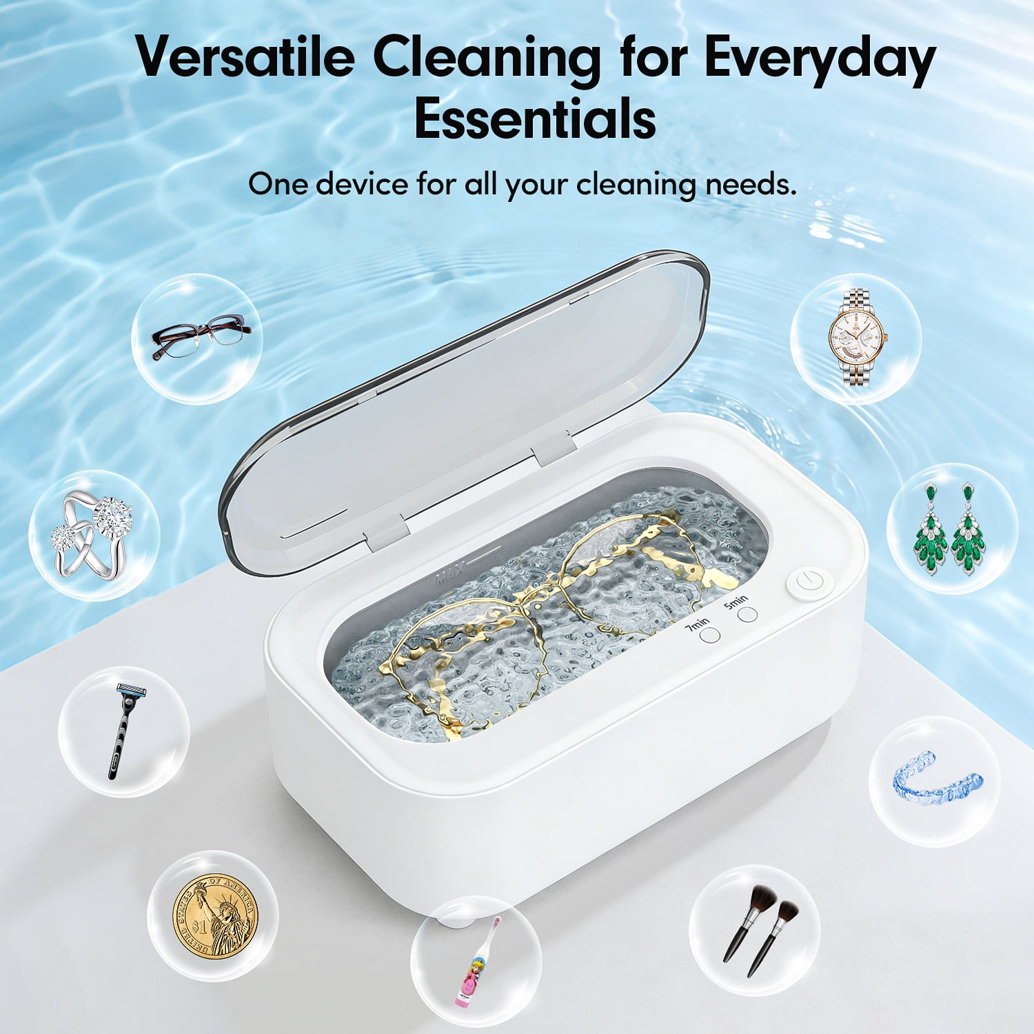 Askmuse Ultrasonic Jewelry Cleaner Machine, Ring Cleaner with Accessory Holder, 48KHz Deep Wash, 12oz 304 SS Tank, Dual Modes for Retainer, Denture, Glasses, Gold, Silver, Diamond Ring, Home Use Gift