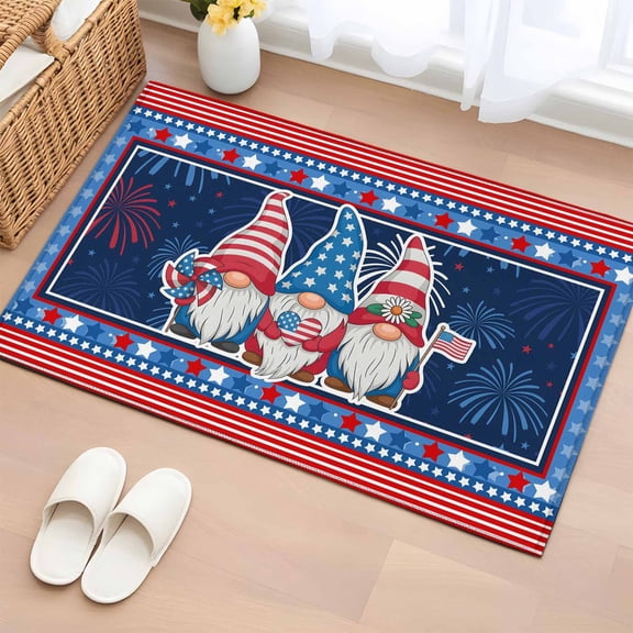 Independence Day Entryway Rug 2'x3' Non Slip Front Door Mats, Patriotic Gnomes USA Flag Firework Entrance Rugs Indoor Outdoor Carpet, Washable Floor Mats Small Area Rug for Bedroom Kitchen