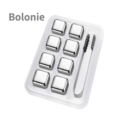 Stainless Steel Metal Ice Cubes, 8-PCS Stainless Steel Ice Cubes, Reusable Whiskey Stones, Chilling Stone for Wine with Non-Slip Ice Tongs & Freezer Storage Tray, Bolonie