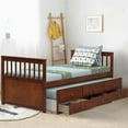 thumbnail image 2 of Giantex Twin Size Captain Bed w/3 Storage Drawers, Trundle Bed Wooden Bed Frame, Solid Wood Platform Guest Bed, Walnut, 2 of 8