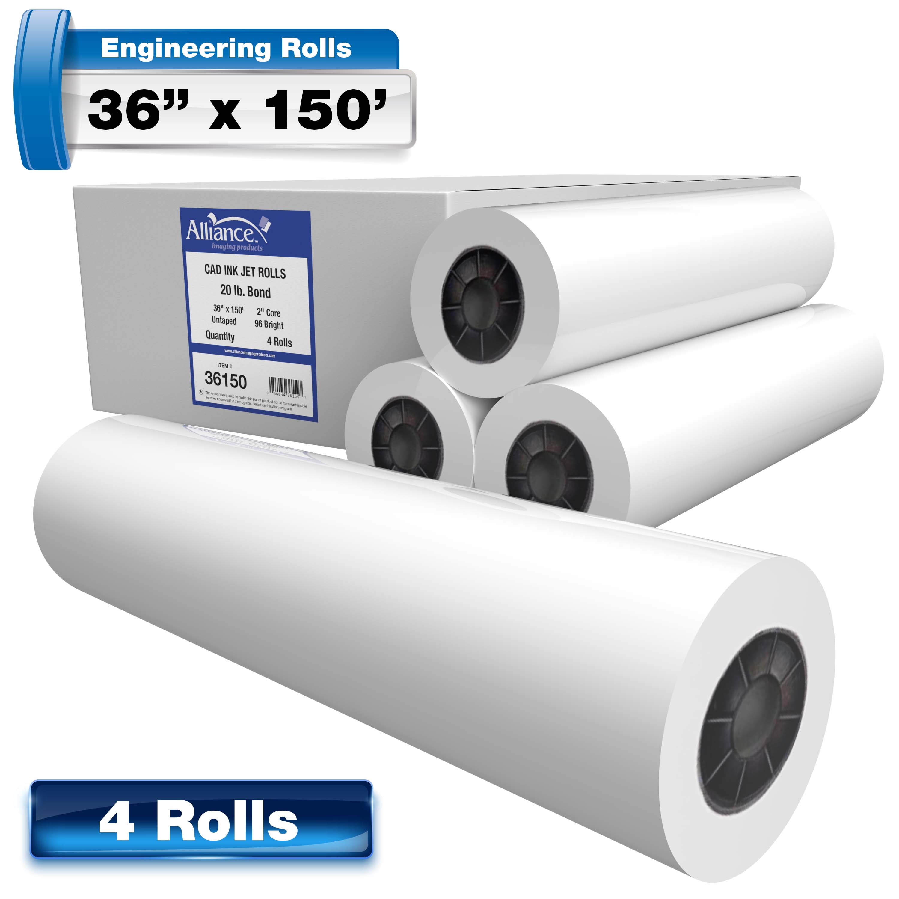 Alliance Wide Format Paper 36" x 150' Rolls CAD Bond 92 Bright, 20lb - 4 Rolls Per Carton with 2" core (36150)