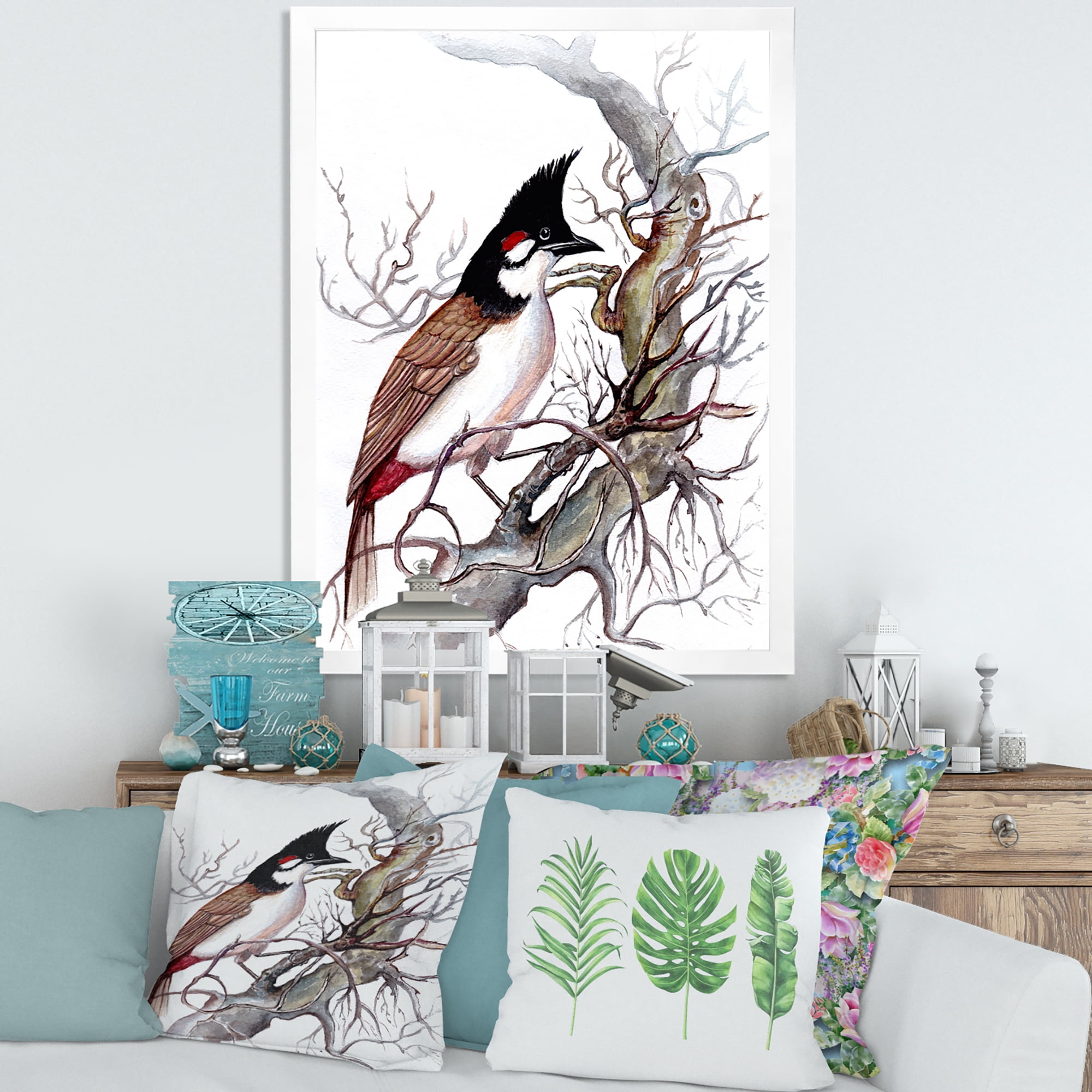 Designart 'Ancient Beautiful Bird On A Branch' Traditional Framed Art Print