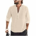 thumbnail image 2 of Yusimy Men's Cotton-Linen Blend Long Sleeve Shirt Solid Color Half-Button Stand-Up Collar Pleated Loose Summer Casual Top, 2 of 8