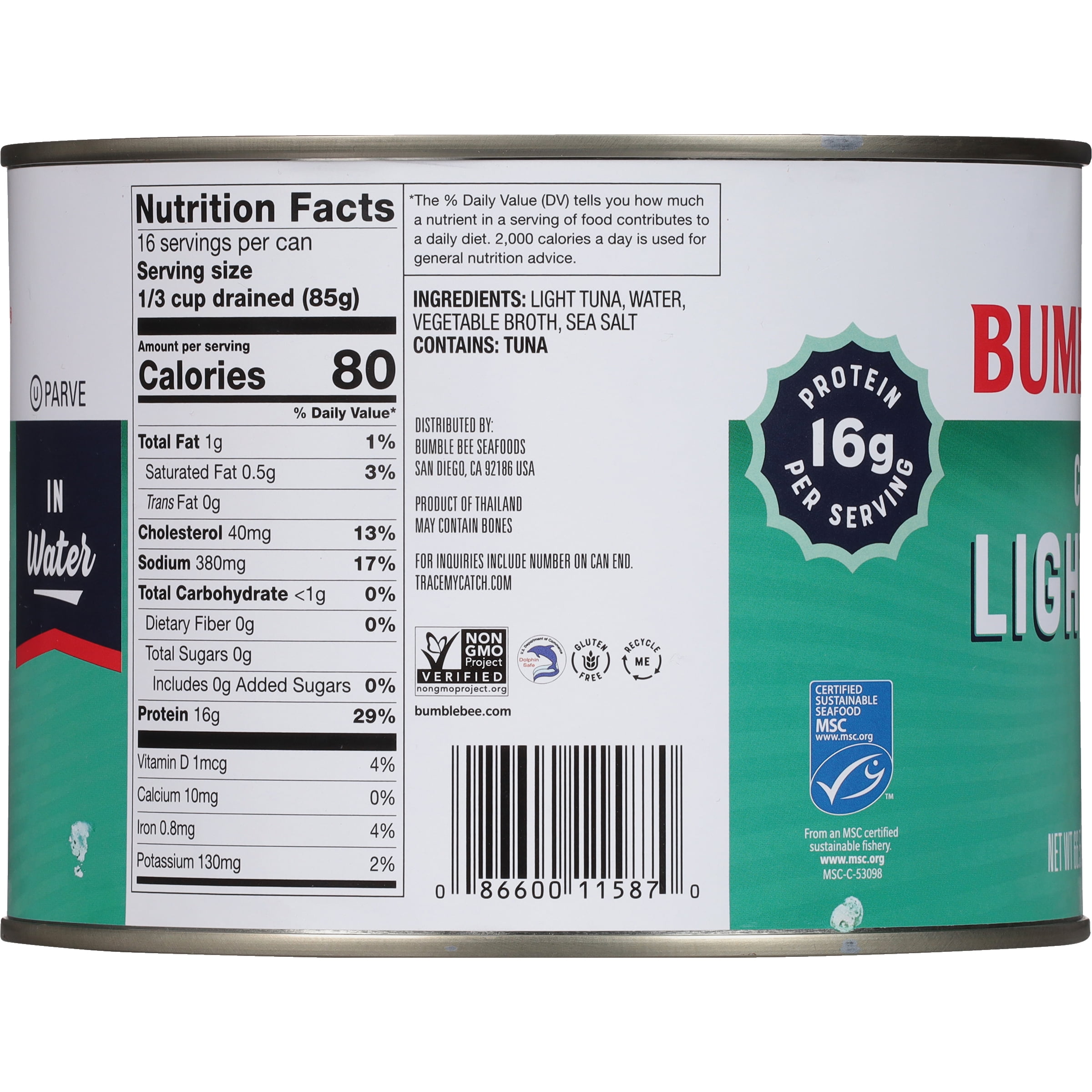 (4 pack) Bumble Bee Chunk Light Tuna in Water, Wild Caught, Gluten Free, 17g Protein per Serving, Shelf Stable Can, 66.5 oz
