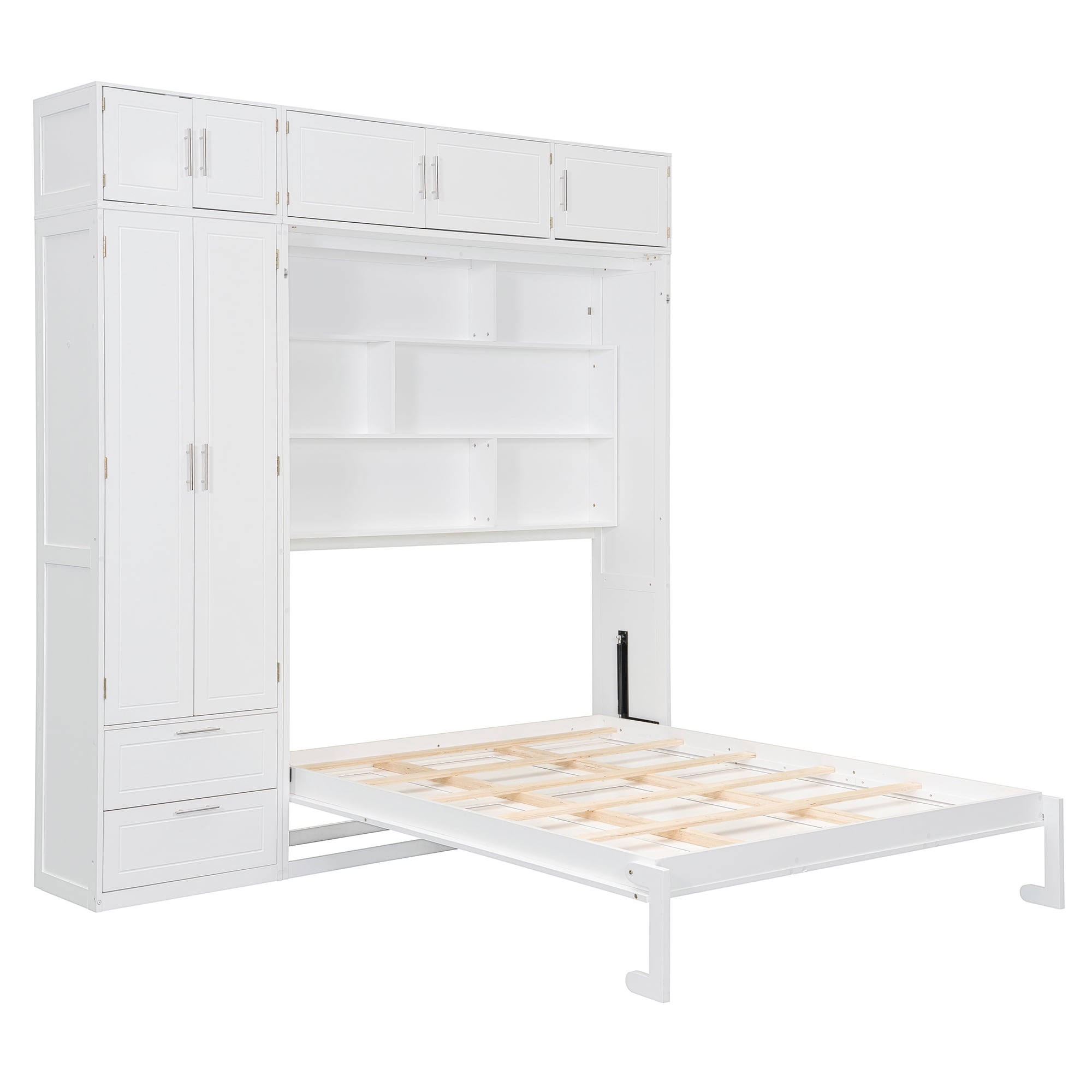 Mintazer Queen Size Murphy Wall Bed with Cabinets & Open Bookshelf, All-in-One Foldable Cabinet Bed with Side Wardrobe & 2 Storage Drawers for Small Apartment Guest Room Home Office, White