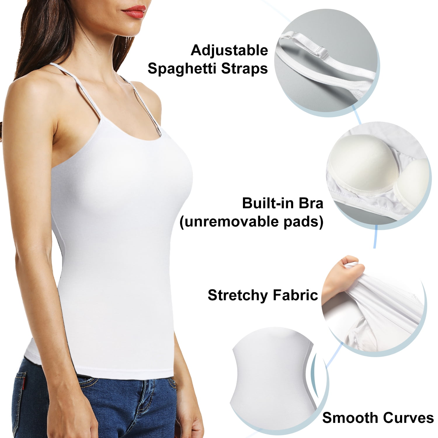 QRIC 2 Pack Women Padded Built-in Shelf Bra Camisole Summer Tank Top for Women Adjustable Straps (S-3XL)