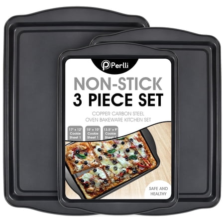 Perlli 3-Piece Cookie Sheet Oven Tray Set with Gray Handles for Non Stick Baking (Small, Medium, Large Trays)