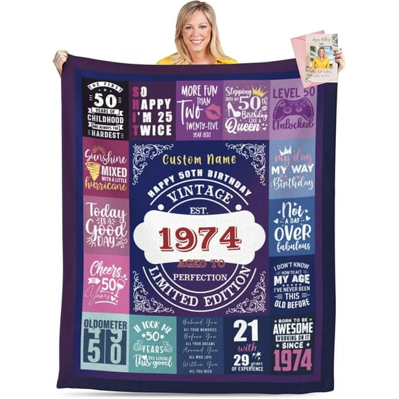 50th Birthday Gifts for Women Personalized 50th Birthday Blanket 50th Birthday Decorations Gifts for Her 50 Year Old Gifts for Women Turning 50 and Fabulous Gifts for Mom Friend 1974 (Purple Photo)