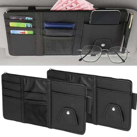 2 Pack Car Sun Visor Organizer - PU Leather Pocket Organizers, Interior Accessories, Personal Belongings Storage with Glasses Clip Car Universal(Black)