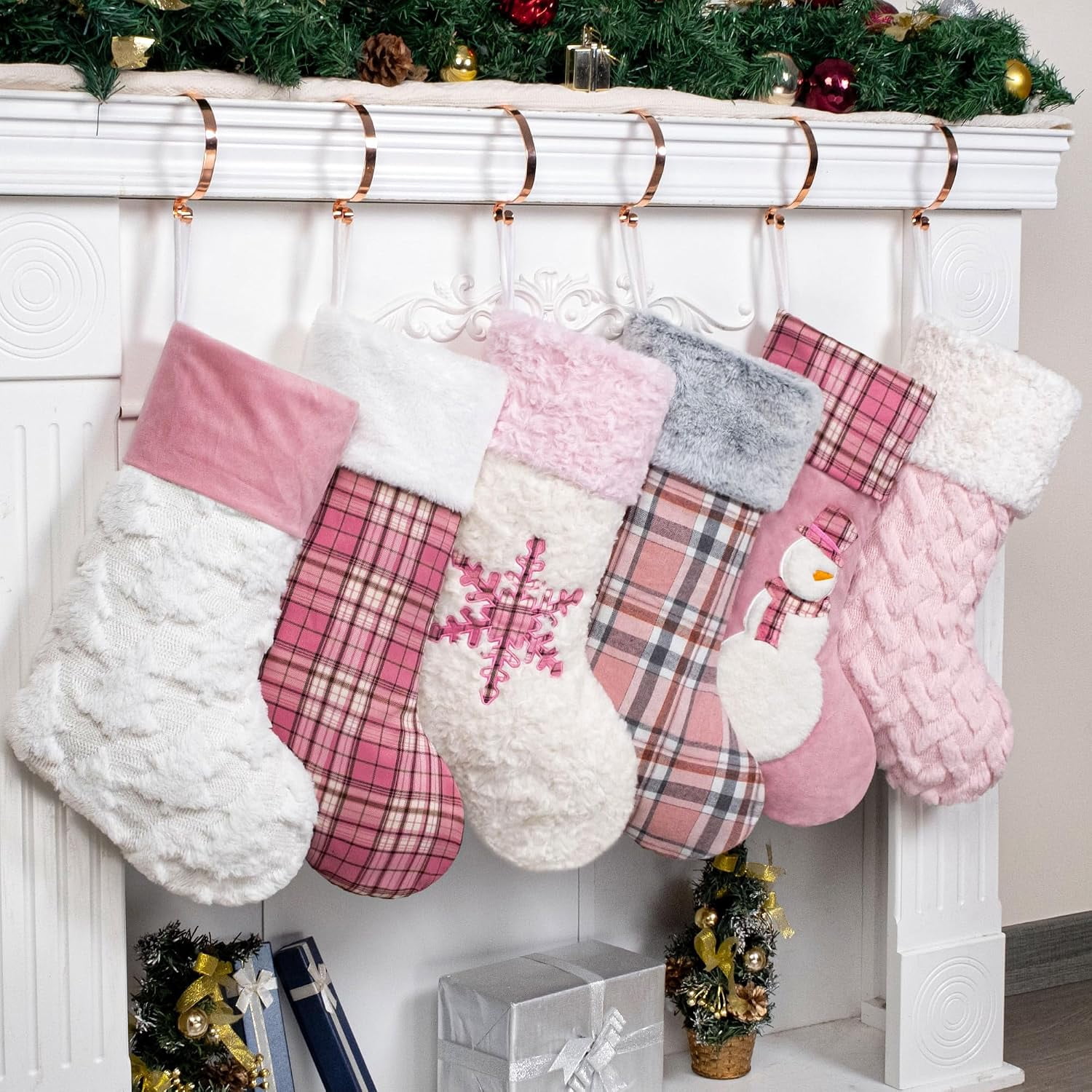 Miora Pink Plush Christmas Stockings, 20 Inch Holiday Hanging Decor Set of 6, Classic Plaid Fireplace Sacks