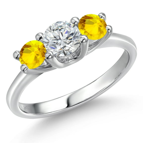 Gem Stone King 14K White Gold White Lab Grown Diamond & Yellow Sapphire 3-Stone Engagement Ring | 1.22 Cttw | Round 5MM and 4MM | Three Stone Wedding Anniversary Promise Ring for Women (Size 9)