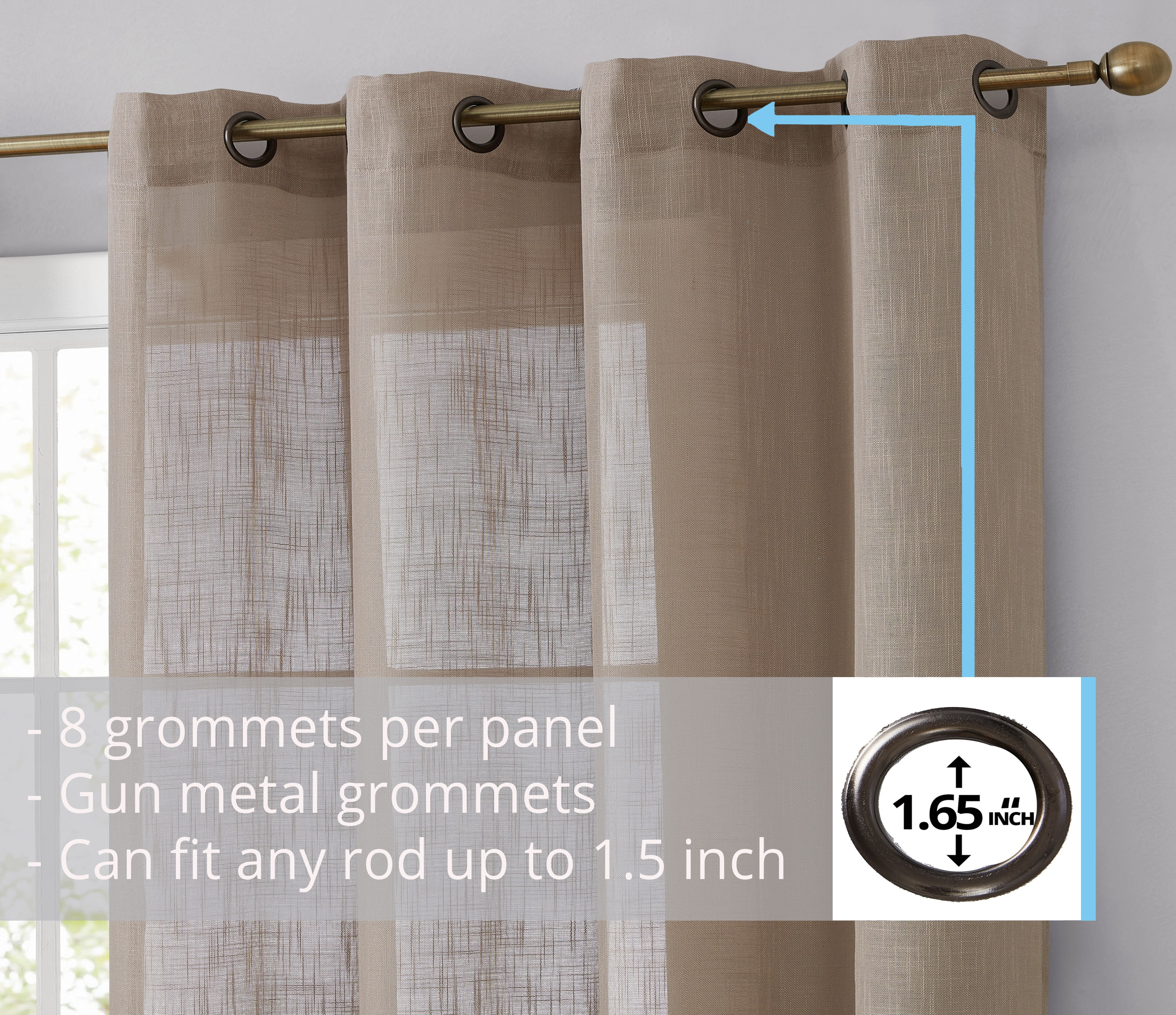 THD Serena Faux Linen Textured Semi Sheer Privacy Light Filtering Transparent Window Grommet Thick Curtains Drapery Panels for Bedroom & Living Room, 2 Panels