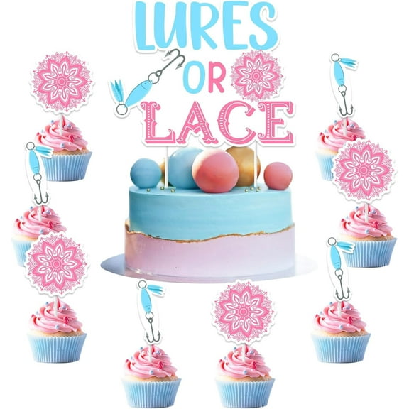 Wonmelody Lures or Lace Gender Reveal Party Supplies Lures or Lace Cake Toppers Pink and Blue He or She Boy or Girl Cake Topper for Fishing Gender Reveal Baby Shower Gender Reveal Newborn Party