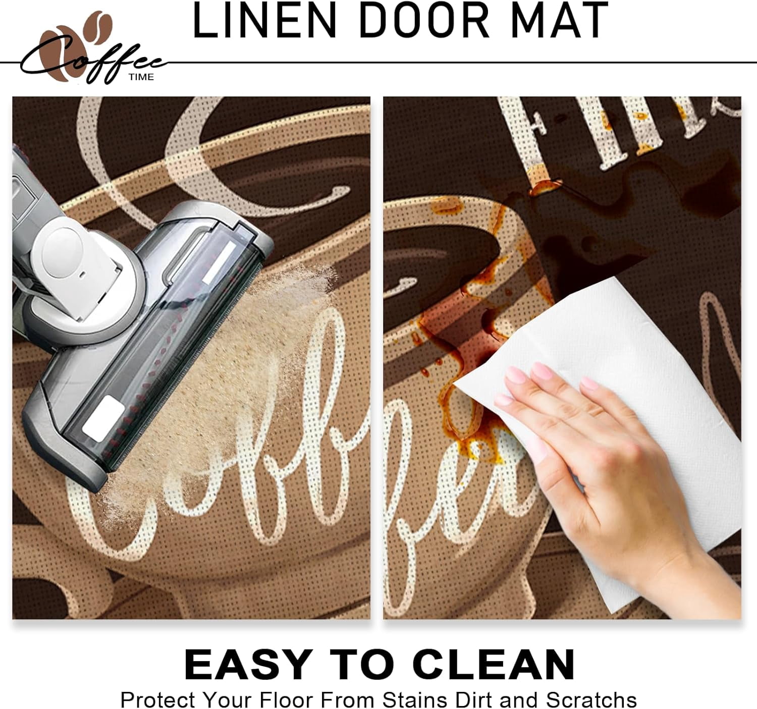 But First Coffee Themed Decorative Front Door Mat, Coffee Cup Welcome Doormat Indoor Outdoor Brown Non-Slip Floor Entryway Rug, Coffee Bar Cafe Home Kitchen Decoration 17x30 Inch