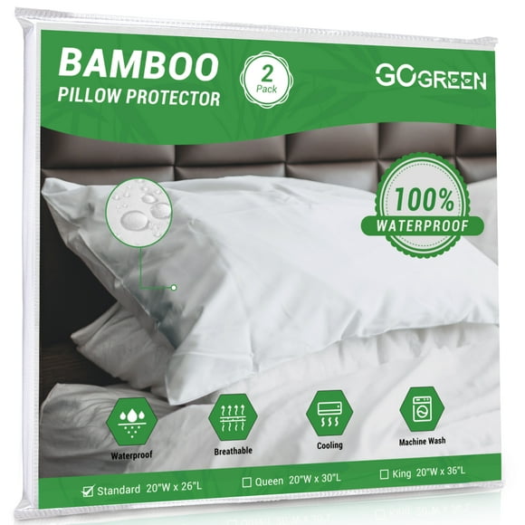 GOGREEN Protectores de Almohada Impermeables con Cierre, Bambú Refrescante, Antichinches, Previene Ácaros y Alérgenos (2 Packs, Blanco)
