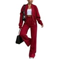 thumbnail image 3 of Women's 2 Piece Outfits Oversized Sweatsuit Zip Up Long Sleeve Sweatshirt with Wide Leg Sweatpants Red L, 3 of 10