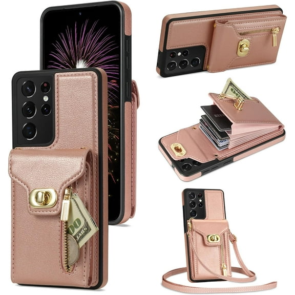 Phone Case for Samsung Galaxy S21 Ultra 5G Wallet Cover with Credit Card Holder Zipper Slot Crossbody Strap Lanyard Leather Stand Cell Accessories S21ultra 21S S 21 21ultra G5 Women Girls Rose gold