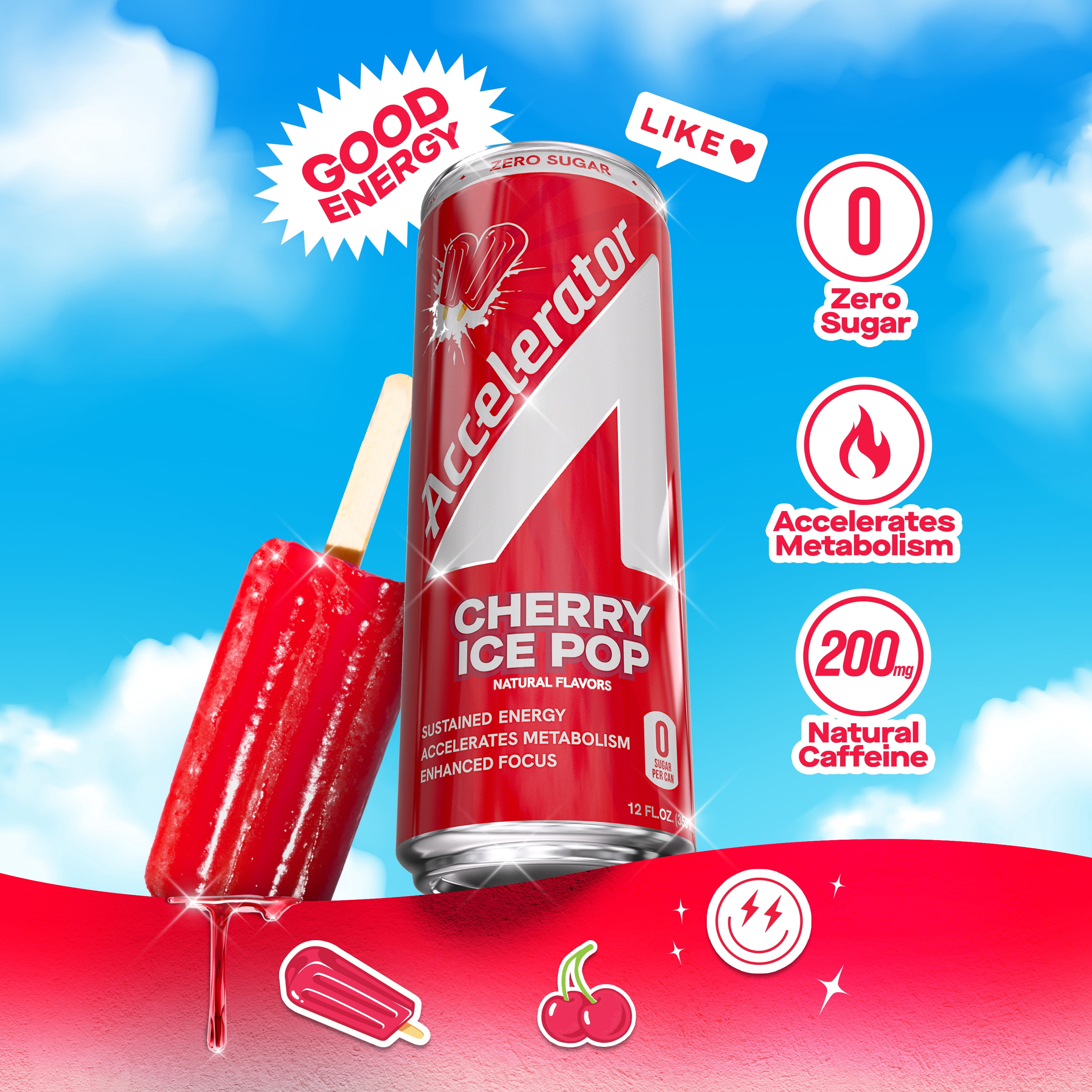 Accelerator Energy Drink, Cherry Ice Pop 12 fl oz can (12 pack), Zero Sugar, Sustained Energy from 100% Natural Caffeine (200mg from Green Coffee Bean & Green Tea extract)