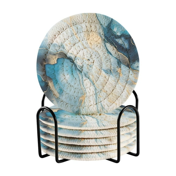 6 Pcs White Blue Marble Drink Coasters with Holder Absorbent Heat-Resistant Coaster Set for Tabletop Protection Home Bar