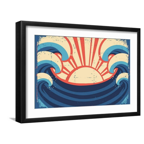 Art.com Sea Poster.Grunge Illustration Of Sea Landscape Art Print by GeraKTV, Black Frame Wall Art, 23" x 17"