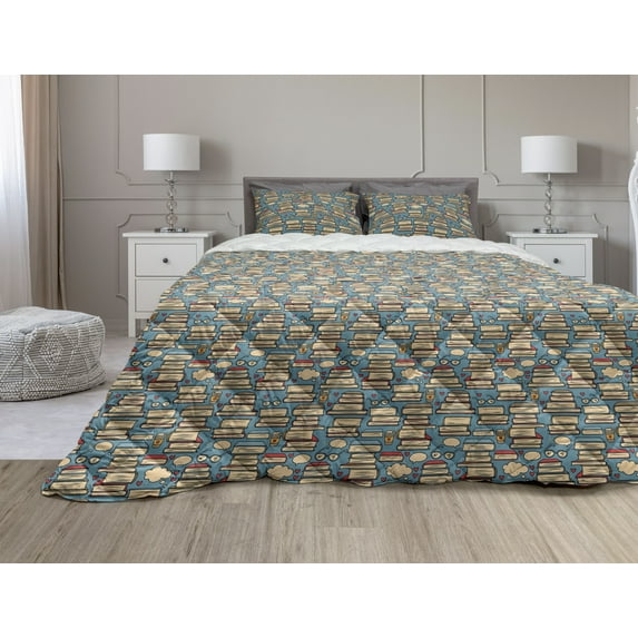 Geek Comforter & Sham Bedding Set, Repeating Pattern with Stack of Books Combined with Hearts Coffee and Nerd Glasses, 3 pcs Duvet Set Microfiber Filling Quilt, 5 Sizes, Multicolor, by Ambesonne