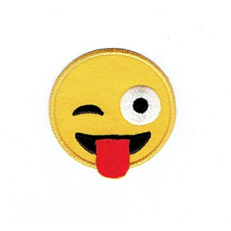 Smiley Face Charts - Smiley Face Emoji Winking with Tongue - Iron on Applique - Embroidered Patch