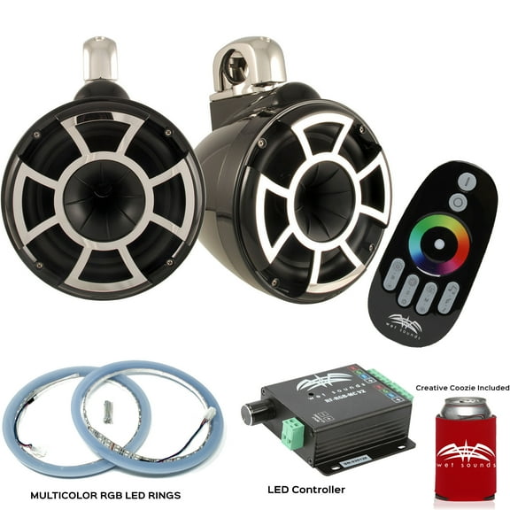 Wet Sounds REV10B-FC Fixed Clamp Tower Speakers with RGB LED Rings & RF-RGB-MCV2 RGB LED Controller - Black