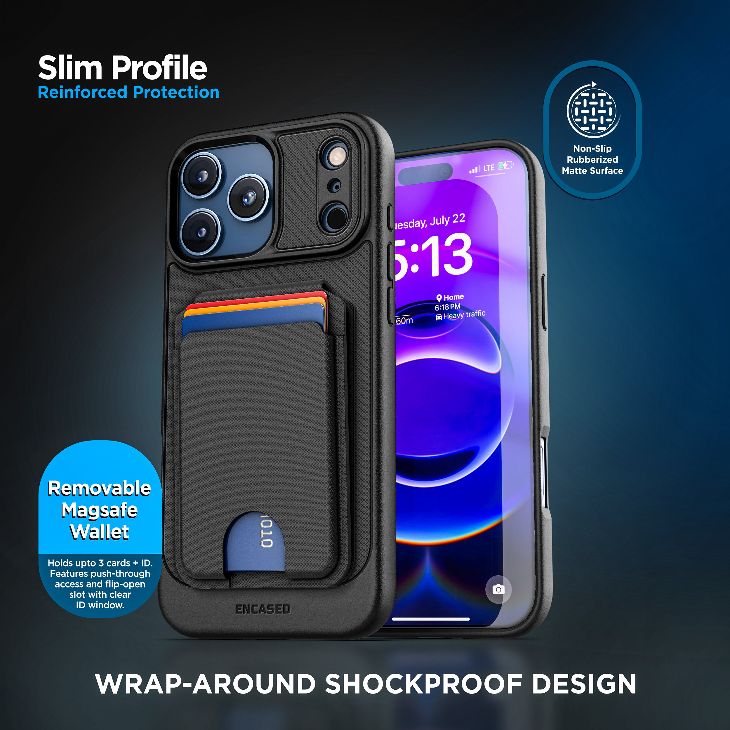 Encased for iPhone 17 Pro Wallet Case with Removable Magnetic Hinged Card Holder and Stand (Compatible with MagSafe) Black