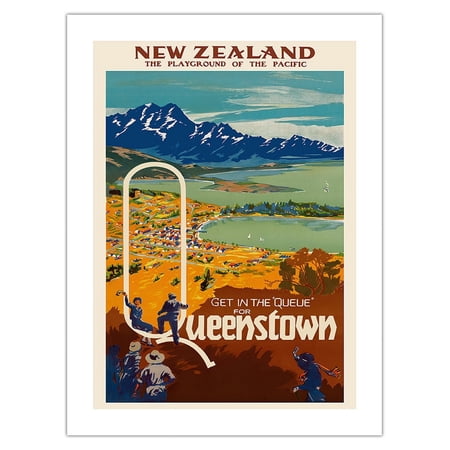 New Zealand - Playground of the Pacific - Get in the Queue for Queenstown - Vintage Travel Poster c.1930 - Fine Art Matte Paper Print (Unframed) 18x24in