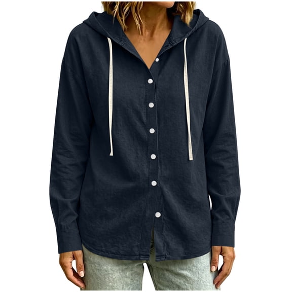 QIYAGBSA Hooded Denim Shirt for Women Button Down Long Sleeve Relaxed Fit Casual Spring Fall (Navy, S)