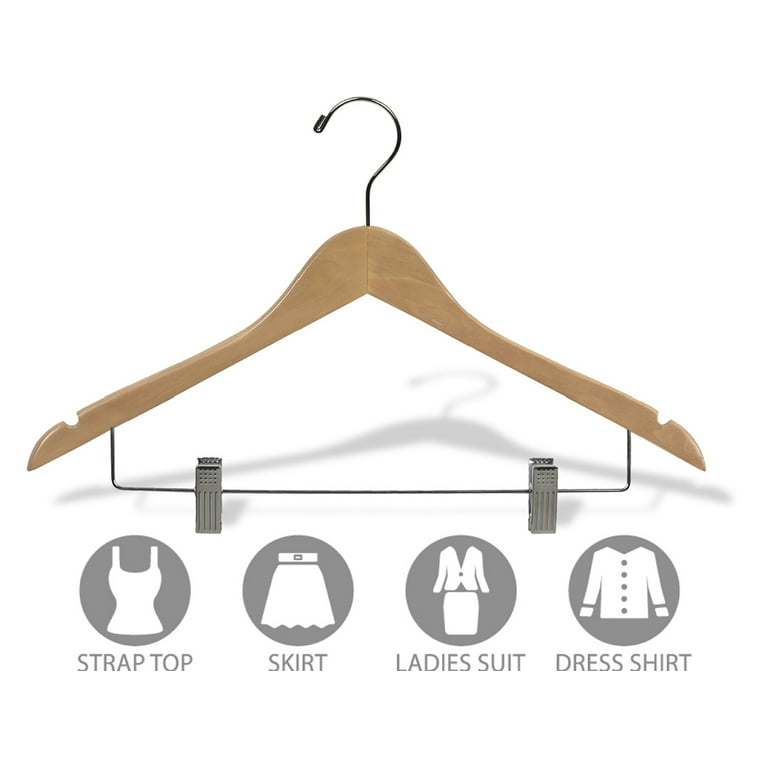 Wood Suit Hanger w/ Velvet Non-Slip Bar, Box of 25 Space Saving 17 Inch  Flat Wooden Hangers w/ Walnut Finish & Chrome Hook & Notches for Shirt  Dress