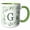Green/White, variant on 3drose, Monogram Initial Letter G in Green Framed in Leaves and a Gold Square., 11oz Two-tone Blue Mug