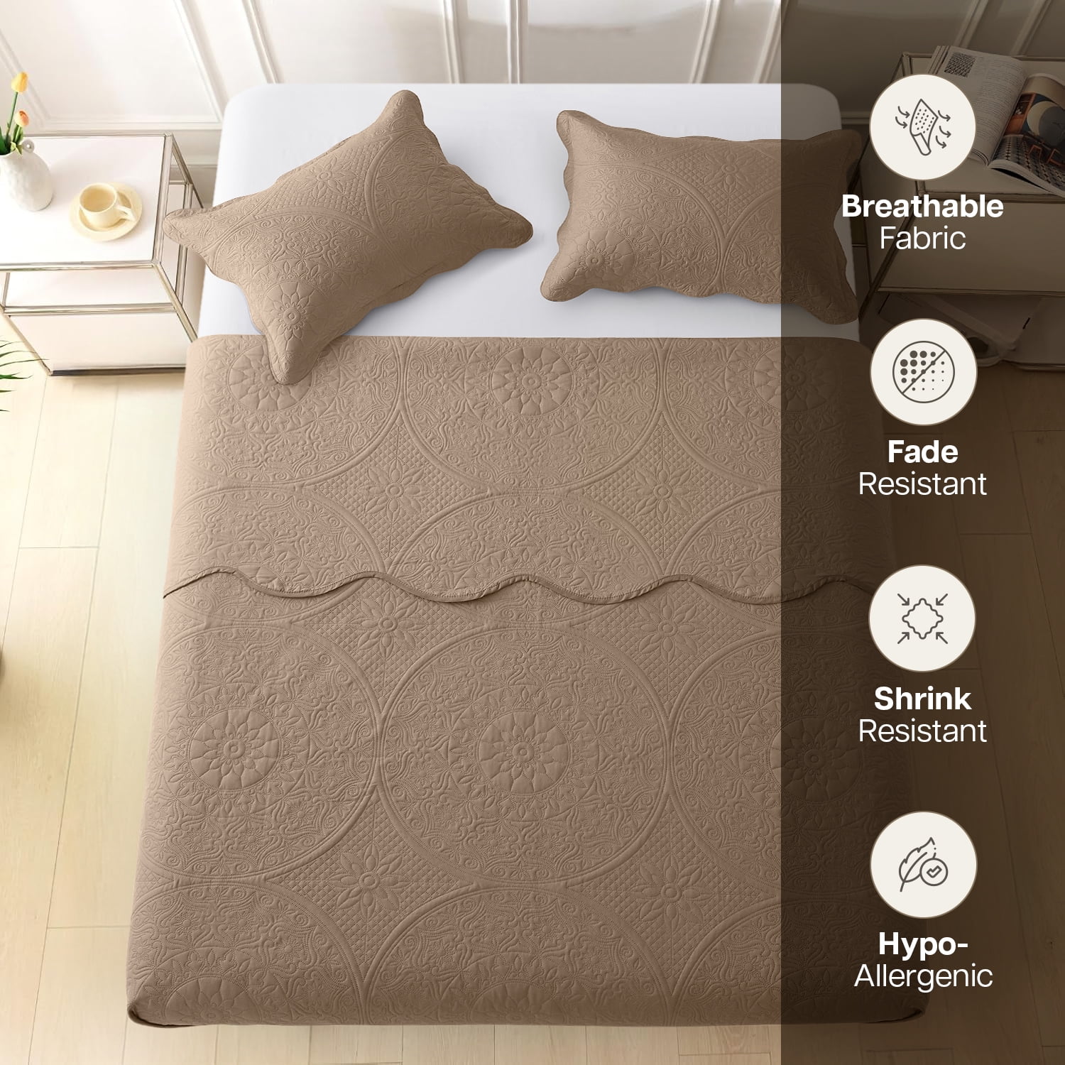 Moonlight20015 3-Piece Lightweight Microfiber Ultrasonic Floral Quilt Set, Beige, Cal King