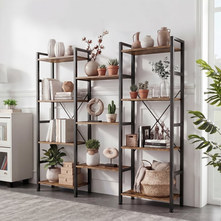 CONCETTA Triple 4-Tier Bookshelf with 12 Shelves, Rust Brown photo 5