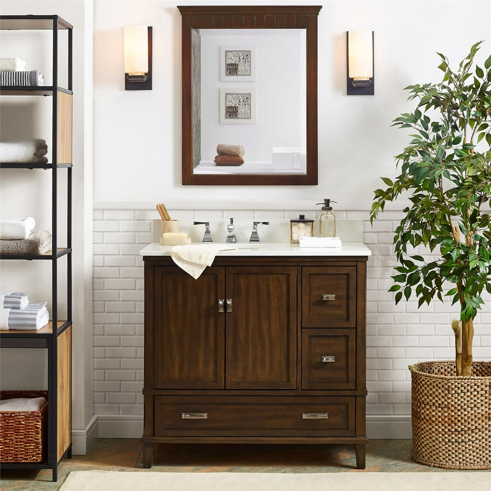 Dorel Living Otum 36 Inch Bathroom Vanity with Sink, Dark Walnut Wood