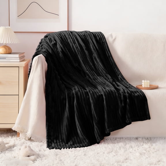Lorviah Ultra Soft Flannel Throw Blanket, OEKO-TEX Certified, 50"x60", Machine Washable, Striped for Couch Sofa Bed, Black