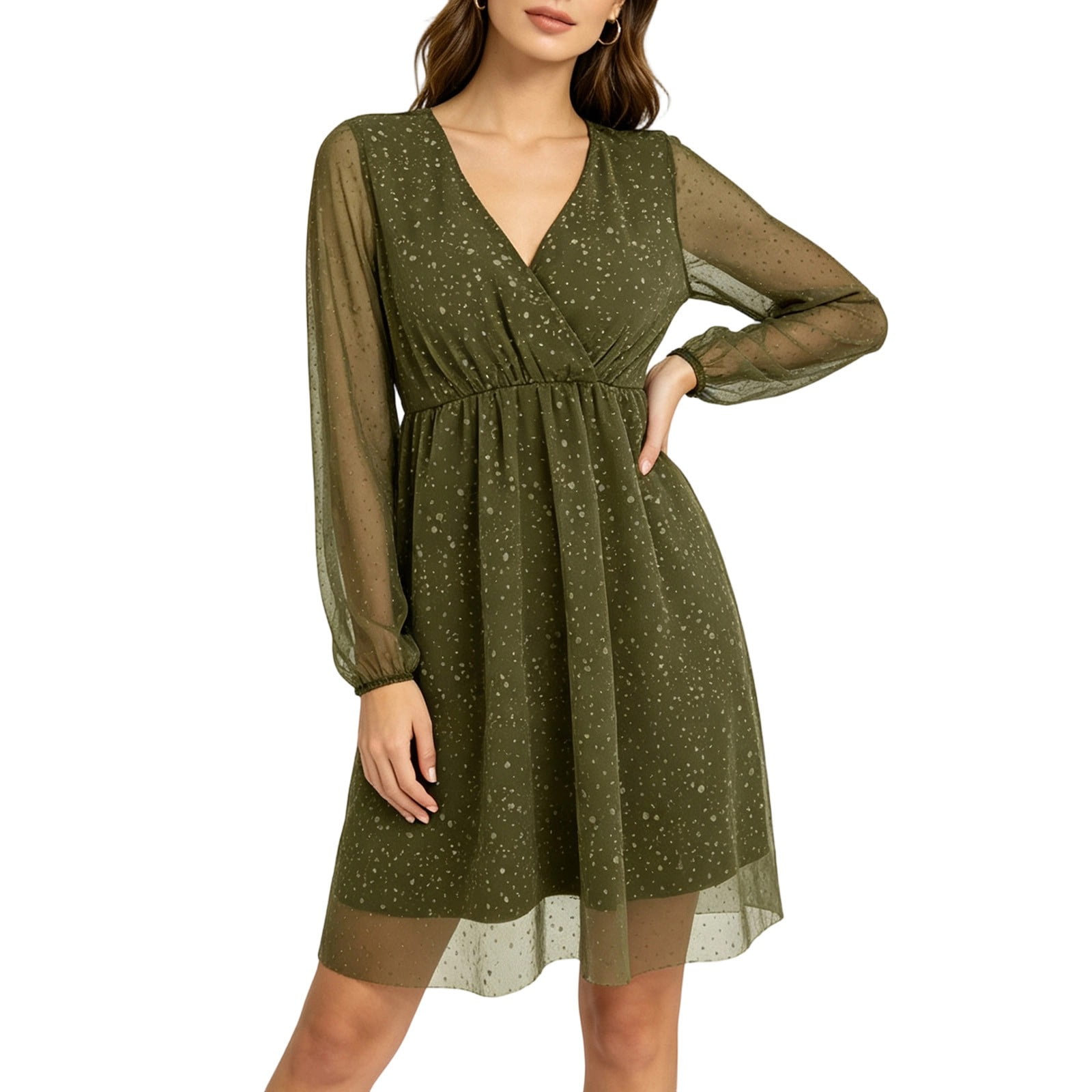 Ayolanni Womens V Neck Long Sleeve Solid Color Short A-Line Dress for Date Soft Breathable Fabric Army Green Womens Casual Dress,L