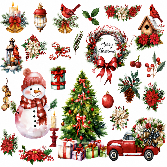 Christmas Wall Decals Stickers, Watercolor Christmas Wall Decor for Home with Christmas Tree, Wreath, Snowman & Red Truck, Holiday Christmas Decorations, Xmas Wall Decoration for Living Room Bedroom