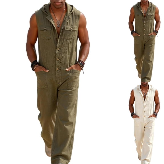 Men's Sleeveless Coverall Work Jumpsuit Long Pants Thin Soft Casual Washed Cotton Hooded Worksuit with Button Front and Multi Pocket Brown
