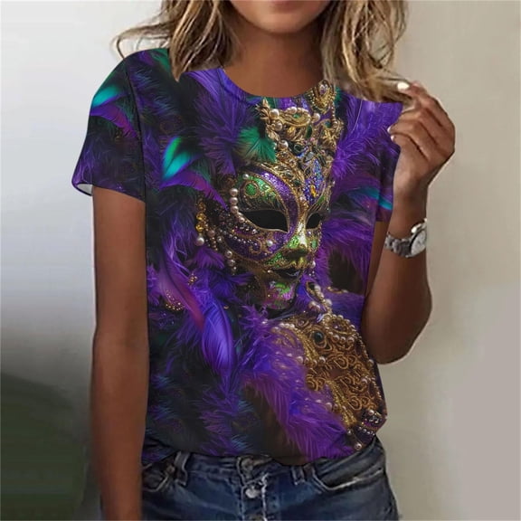 Xuyuer Happy Mardi Gras Shirt Womens Mardi Gras Day Heart Tshirt Tuesday Carnival Tee New Orleans Party Short Sleeve Nola Carnival Party T-Shirt Fat Tuesday Tee Tops Casual Tops