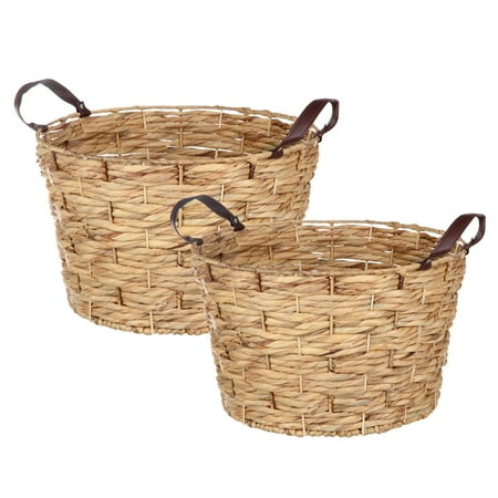 Natural Woven Baskets - Better Homes & Gardens Large Round Natural Woven Basket with Leather Handles, Set of 2