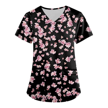 

KDDYLITQ Womens Cute Scrub Tops with Pockets T Shirt V Neck Fall Short Sleeve Floral Uniform Workwear Tunic Casual Clinic Blouse Carer Top on Clearance with Pockets Black 3X