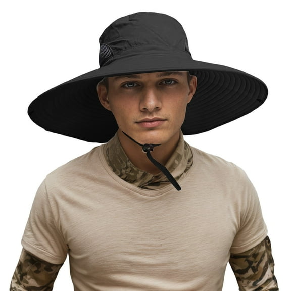 VBEWZET Men's 15cm Wide Brim Sun Hat, UPF 50  Protection Bucket Hat with Chin Strap, Breathable Outdoor Fishing & Hiking Cap Black