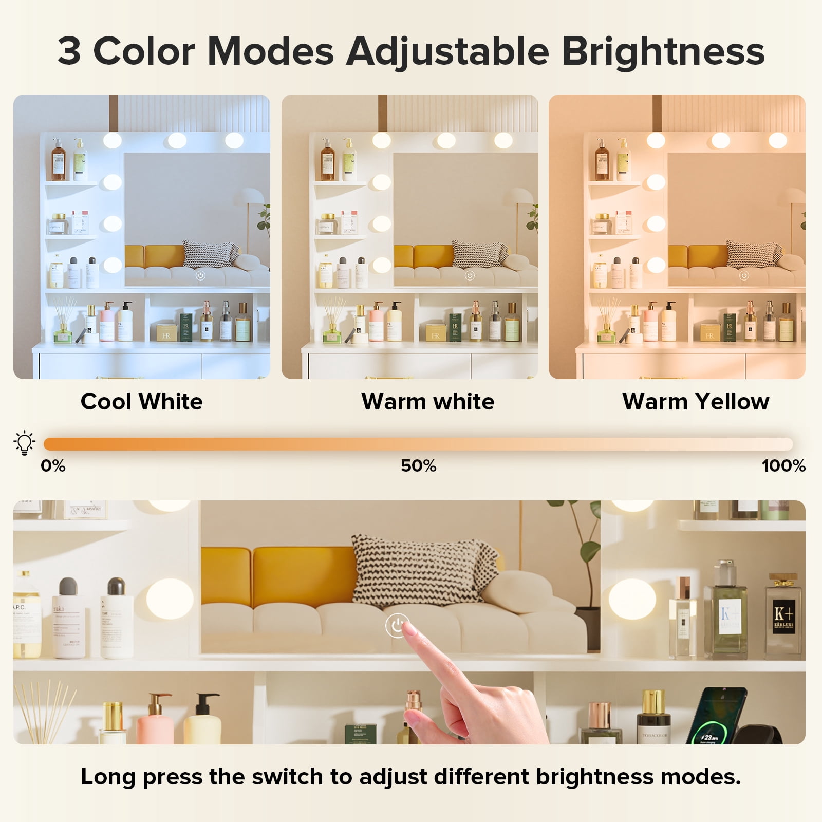LUCKLIFE Vanity Desk with LED Lights Mirror & Power Outlet,Makeup Vanity Table for Women Girls Bedroom, White