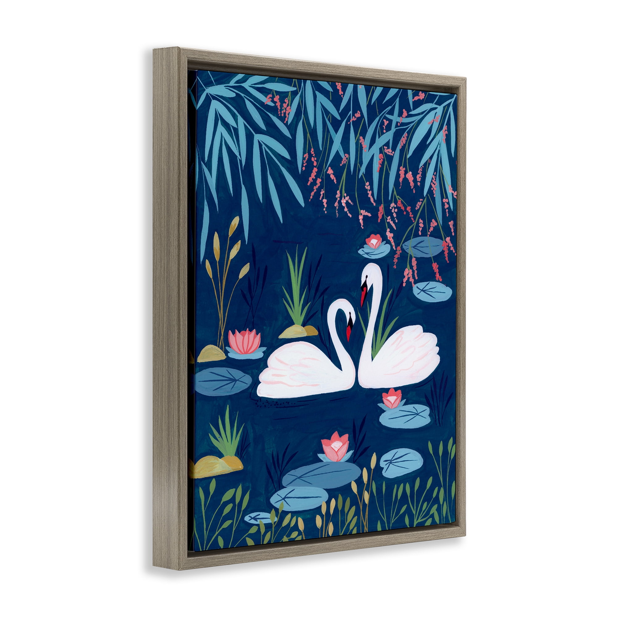 Swan Pair on Blue Pond Brown Framed Floater Canvas Wall Art, design by Nabeela Rumi